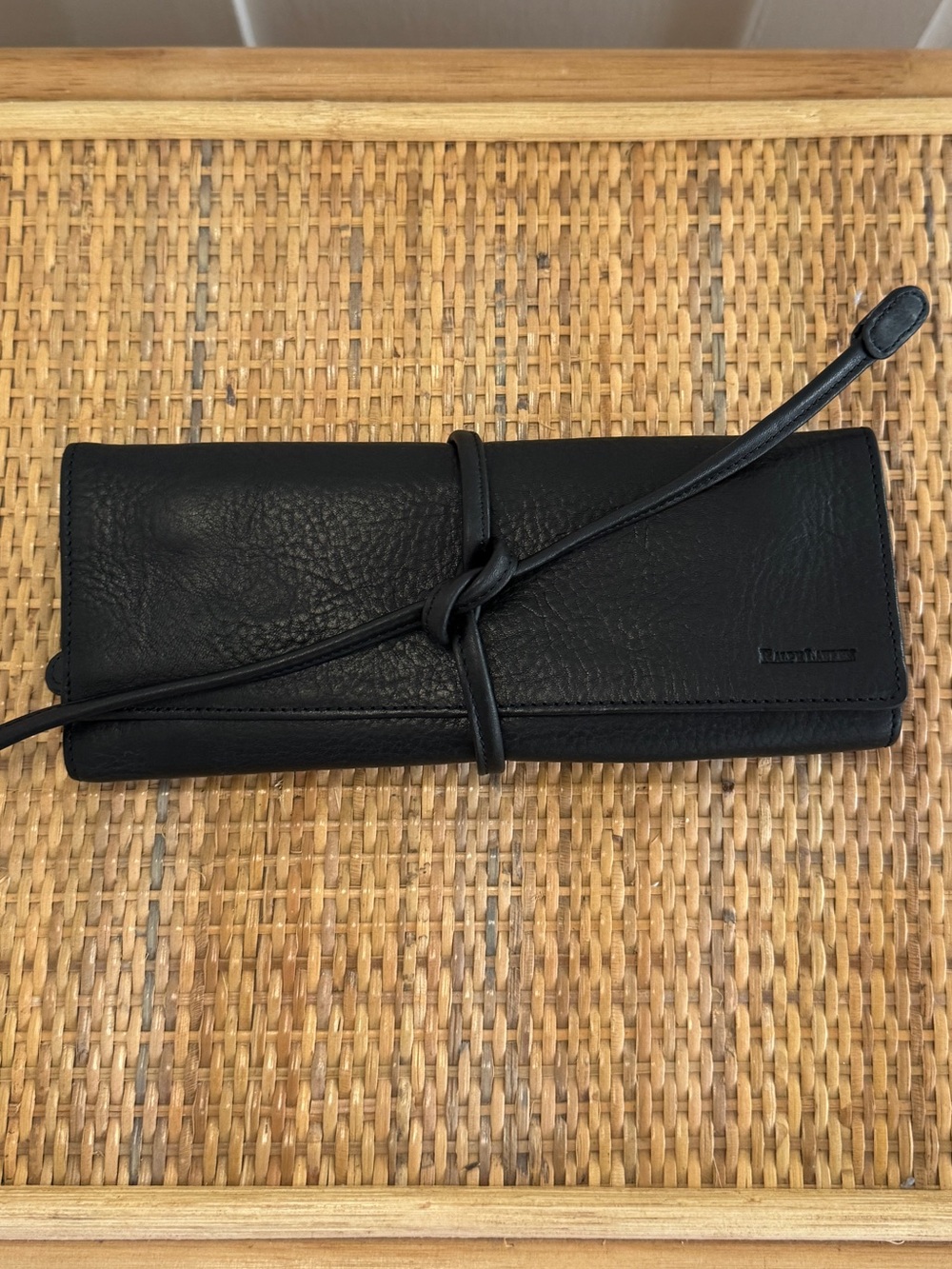 Vintage Ralph Lauren Black Leather Travel Jewelry Roll Case Tie Closure Small